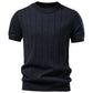 Men's short sleeve cotton knit top on a clean studio background, full garment