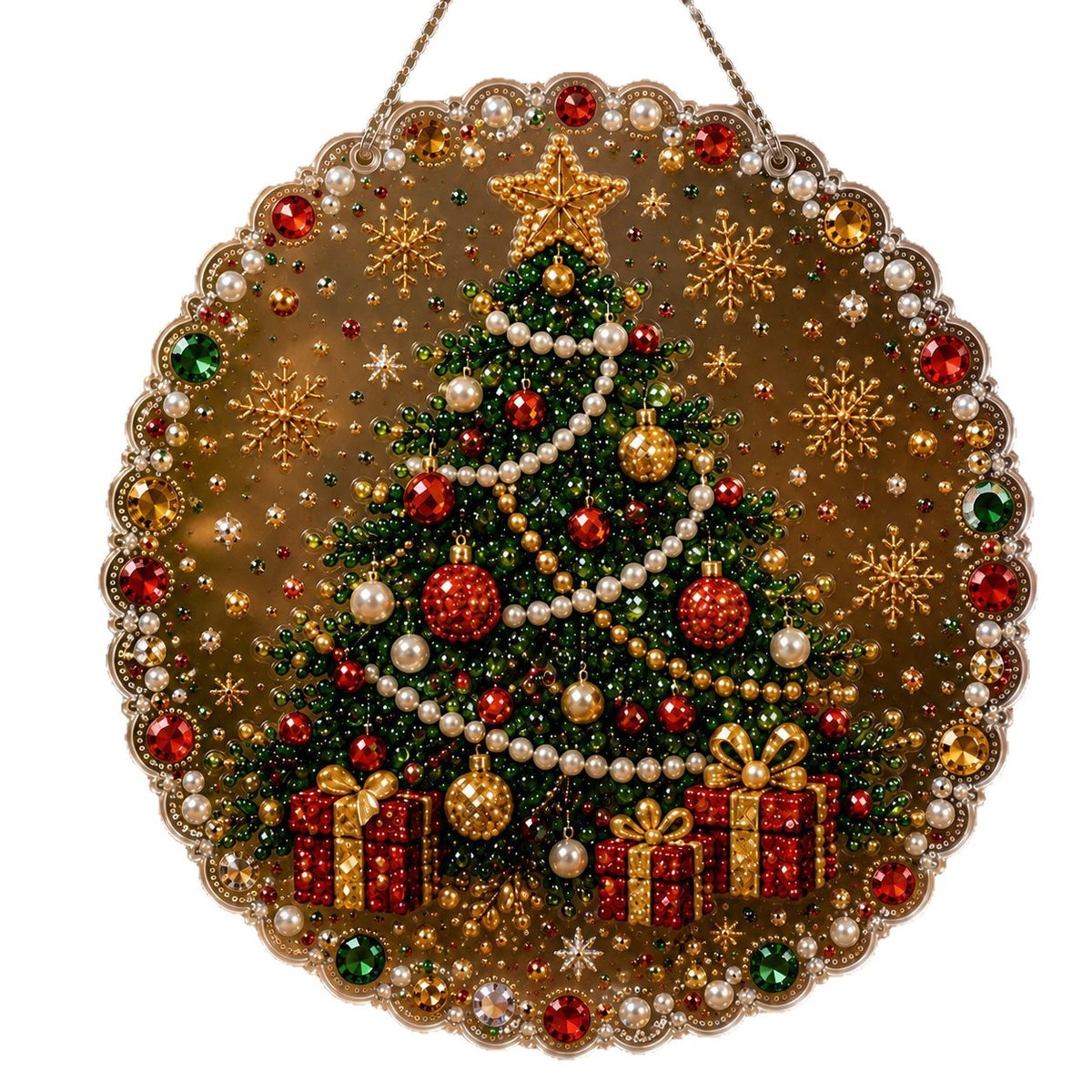 Close up of acrylic diamond beads set into a festive Christmas ornament