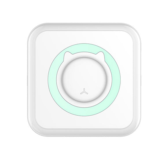 White thermal printer with a mint cat ear ring on a white background, C15 blue option