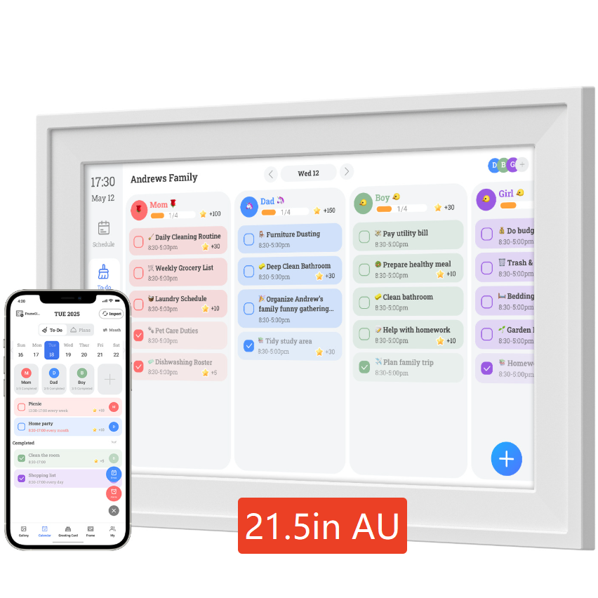 White framed touchscreen calendar with rechargeable battery and included power adapter