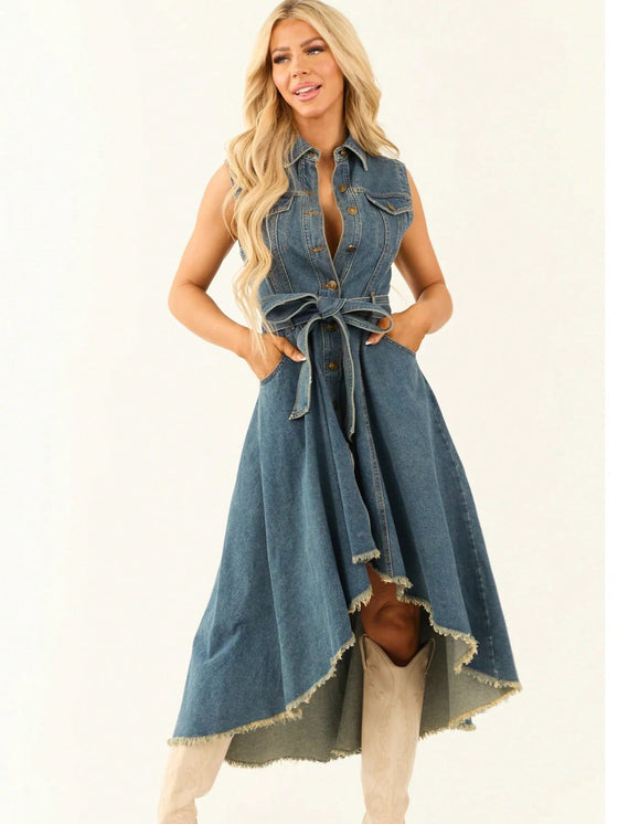 Sleeveless Denim Dress With Adjustable Waist