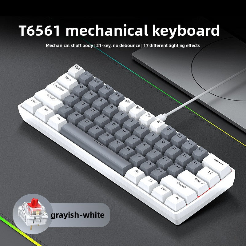 T65 gray and white keycap mechanical keyboard with red switch and USB cable