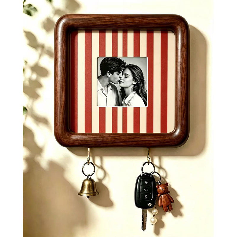 Option 15x15 Hook Style 2: dark wood wall photo frame with red and cream striped backing and two key hooks