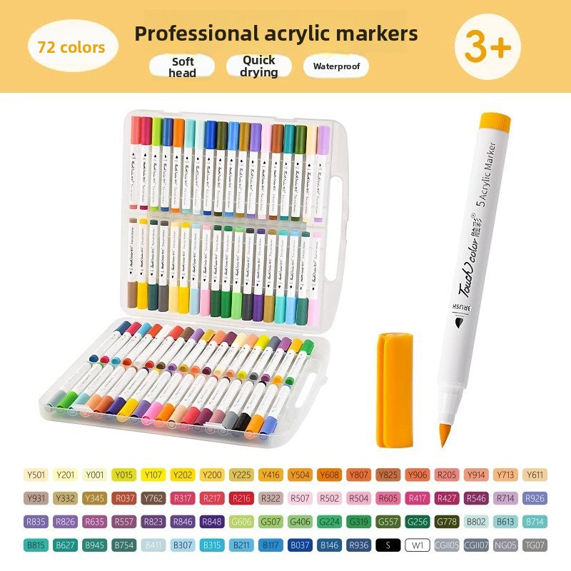 Seventy two color acrylic marker set in a clear case with a single soft brush marker