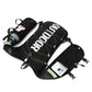Black hydration backpack flat lay showing mesh side flask pocket, zip phone pocket and front bungee