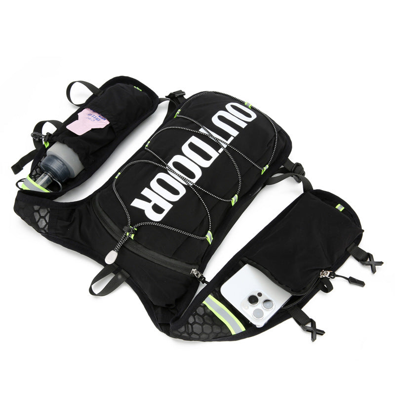 Black hydration backpack flat lay showing mesh side flask pocket, zip phone pocket and front bungee