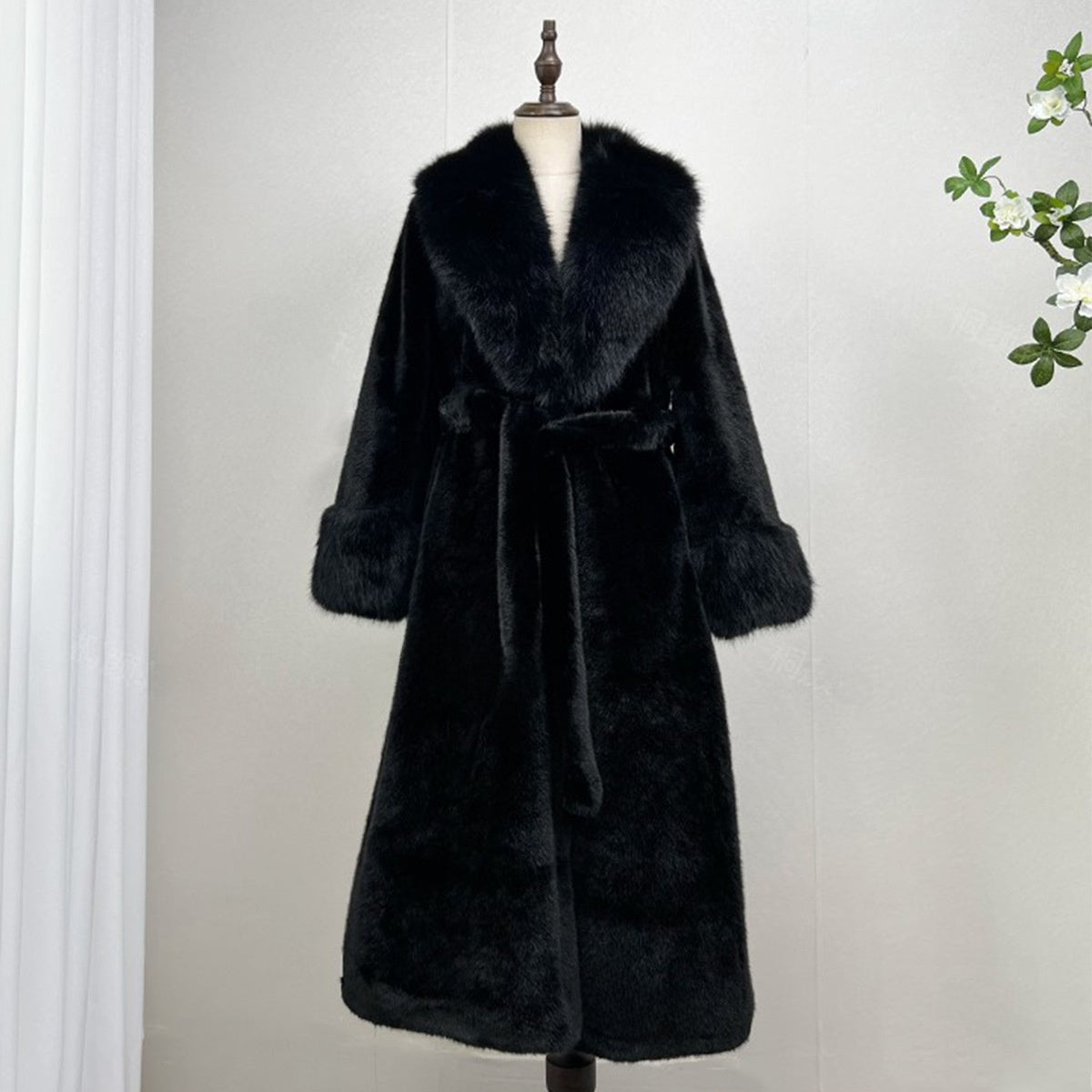 Black long vegan fur coat with a black fur collar, fur cuffs and a tie belt, Black option