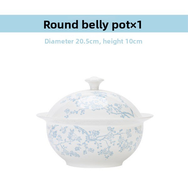 Lidded round belly porcelain pot with a blue plum blossom pattern