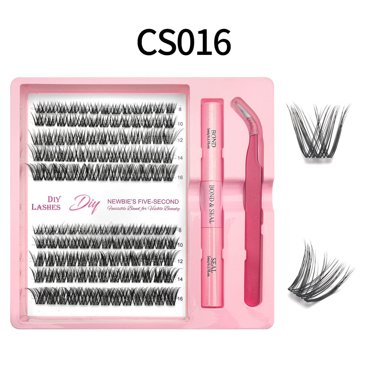 Lash cluster style CS16 in a 10 row tray with dual-ended glue pen, tweezers and a close-up of the cluster shape