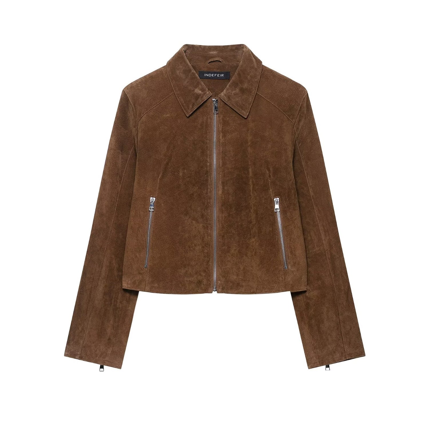 Dark brown vegan suede jacket showing the panelled shoulder seams and brushed nap