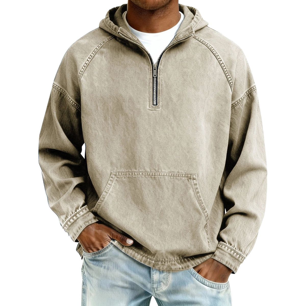 Beige variant, size M: beige washed half zip hoodie on a male model with light jeans
