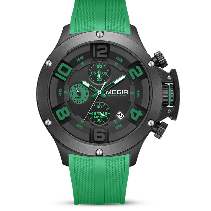 MEGIR silicone strap sports watch side view with screw down crown and buckle