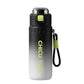 Black to white gradient insulated spray water bottle with green latch and carry rope on white