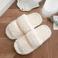Curly lamb plush upper detail of the double strap open toe house slipper