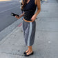 Gray wide-leg cropped pants with white side stripes, Grey option, size M