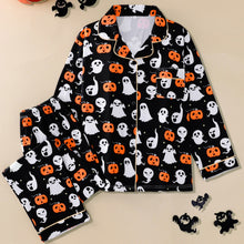 Womens Long Sleeve Halloween Pajama Set with Pumpkin, Ghost and Bat Prints
