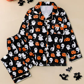 Womens Long Sleeve Halloween Pajama Set with Pumpkin, Ghost and Bat Prints