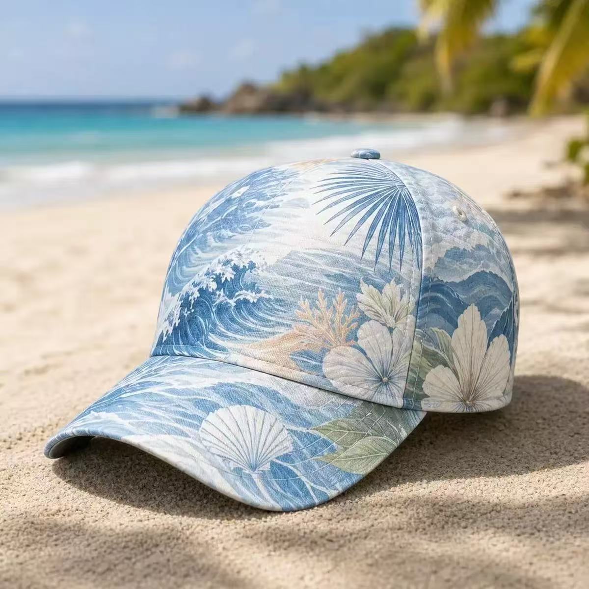 Baseball cap printed with flowers and foliage shown at a three quarter angle