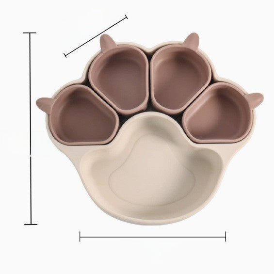 Beige bear paw plate with four small brown cups and empty dimension lines on a white background