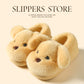 Plush puppy face home slippers in soft faux fur with an open back and thick EVA sole on a home floor