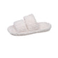 Open toe two band plush slide slipper worn indoors for warm home wear