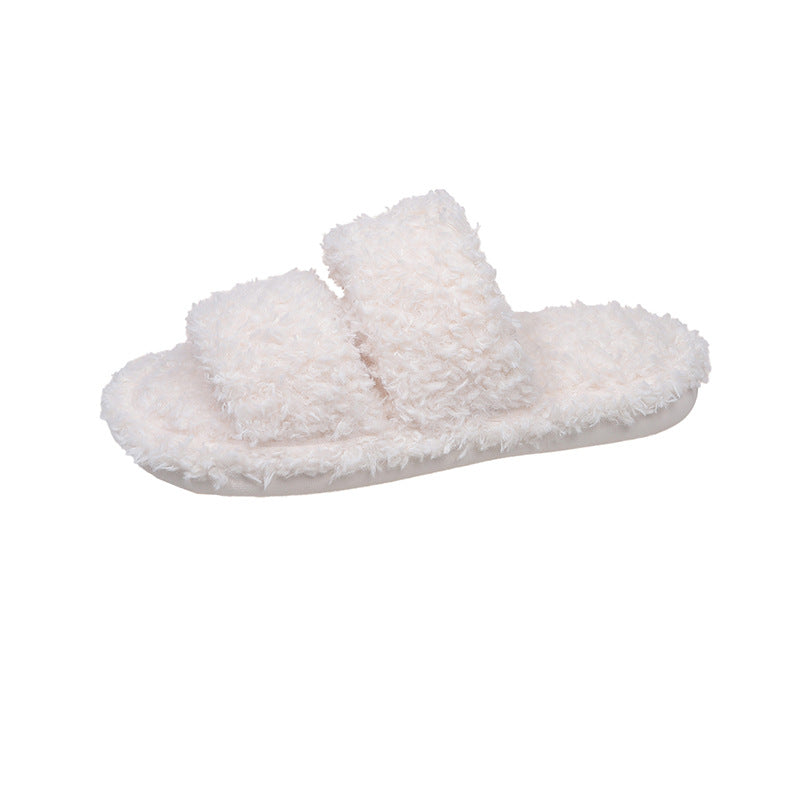 Open toe two band plush slide slipper worn indoors for warm home wear