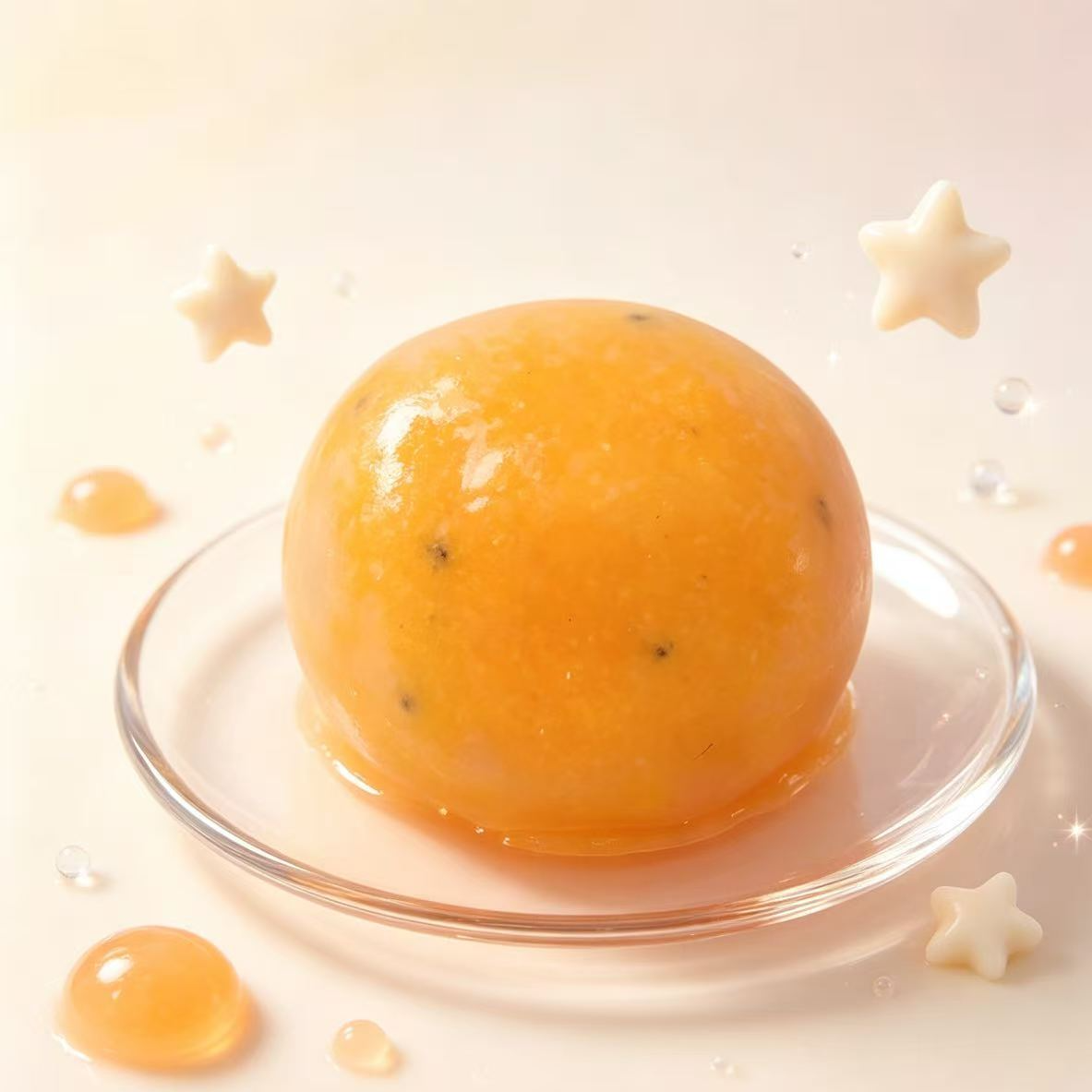 Passion fruit pour of the smoothie squishy, amber gel ball with black seeds on a glass dish