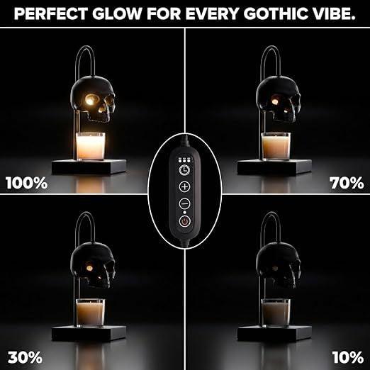 Black skull warmer lamp beside its packaging, presented as a gothic gift with a warm glow