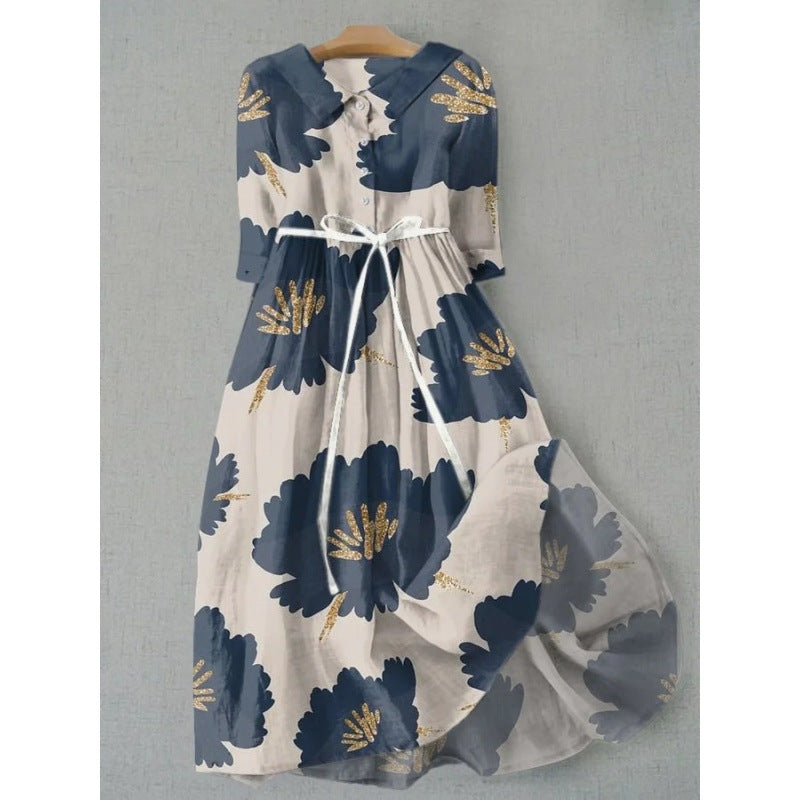 Womens floral print midi shirt dress with three quarter sleeves and a soft A line skirt