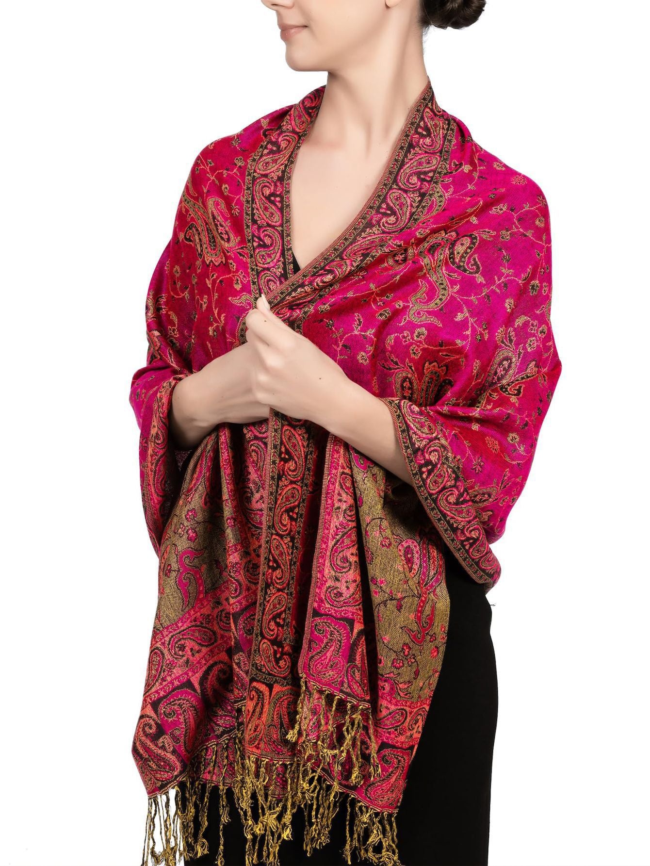 Rose red paisley tassel shawl wrap worn draped over the shoulders with tasseled fringe ends