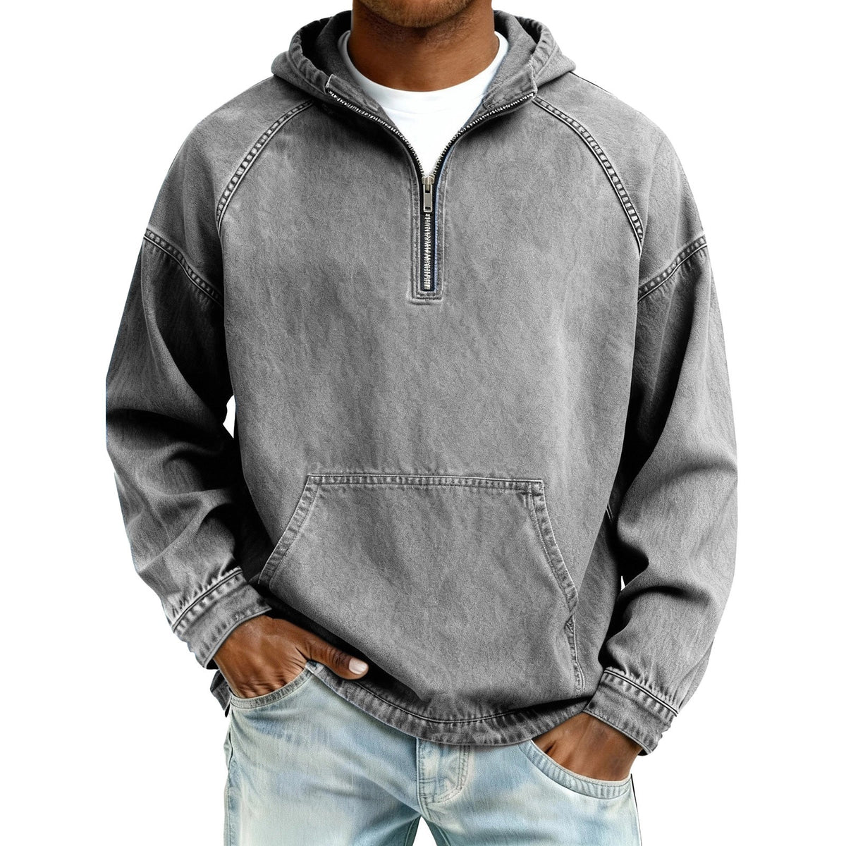 Gray variant, size 2XL: gray washed half zip hoodie on a male model with light jeans