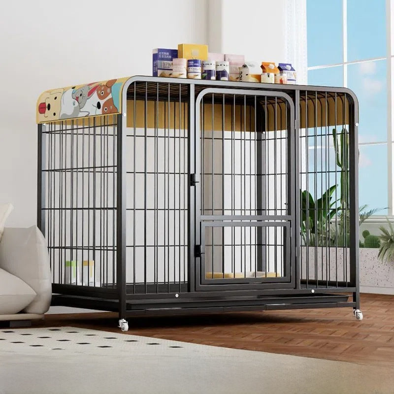 Front door of the iron dog crate with a small feeding hatch and side latch shown in detail