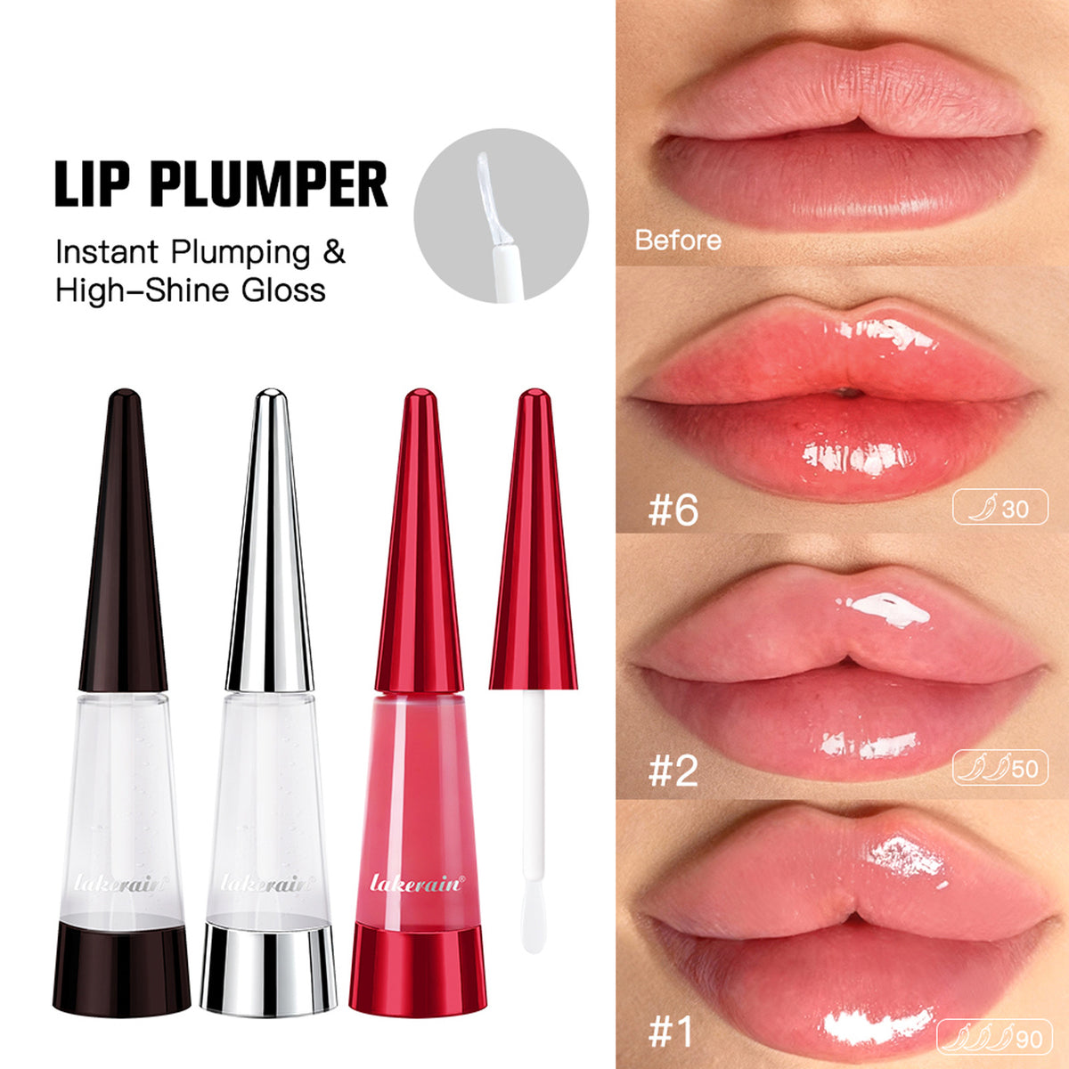 Lakerain lip plumper bottles in black, silver and red with close ups of glossy lips in three shades
