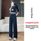 Navy blue high-waisted fleece-lined wide-leg pants, cropped length for heights 158 cm and below, size S option