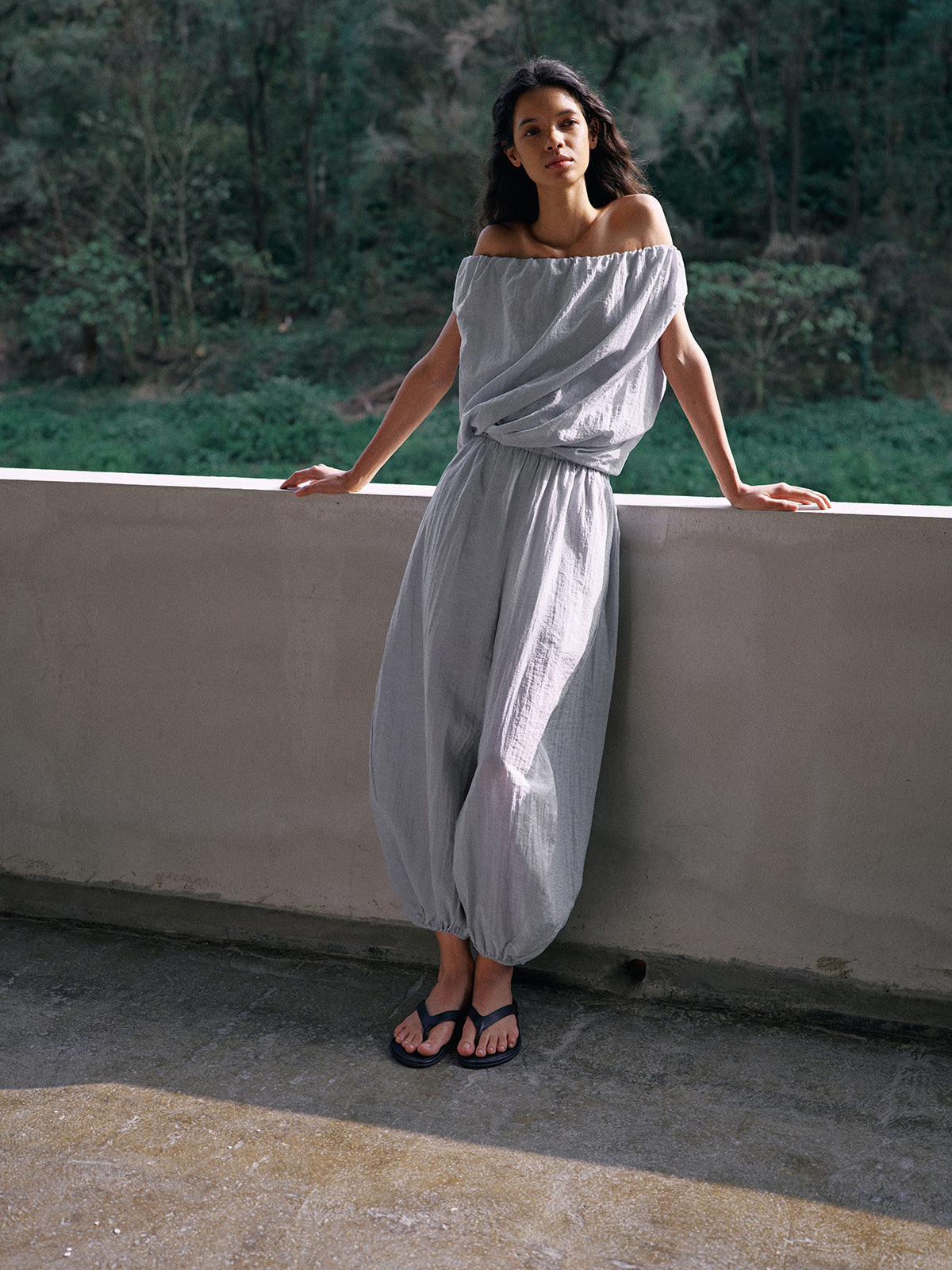 Tencel lyocell balloon leg casual pants shown full length on the model