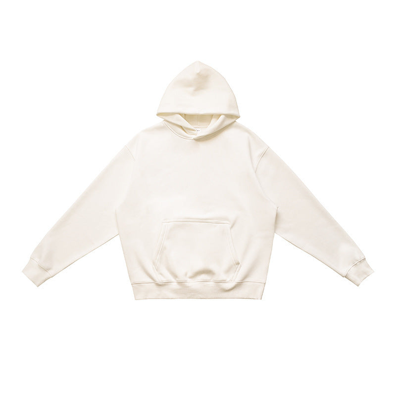 Cream pullover hoodie with front pouch pocket and rib knit cuffs flat on white, size XL option