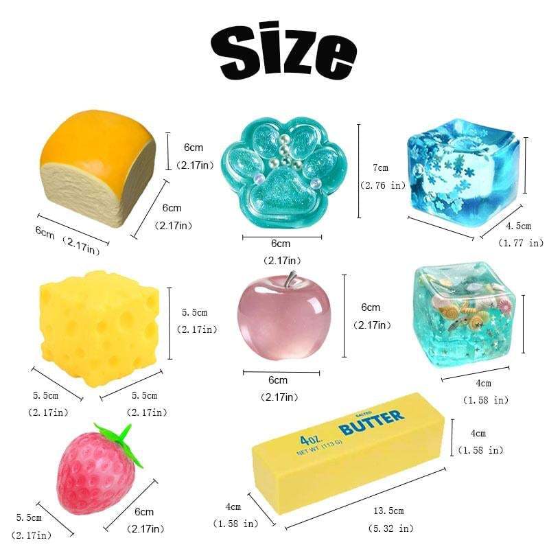 Maker size panel measuring each squishy piece in centimetres, bread, cat paw, cubes and butter