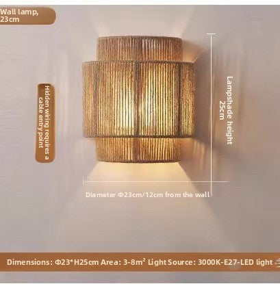 Hemp rope wall lamp with dimension labels for a 23 cm diameter, 25 cm height and 12 cm projection