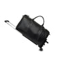 All black duffel travel bag with black straps, two top handles, a telescopic pull rod and two wheels