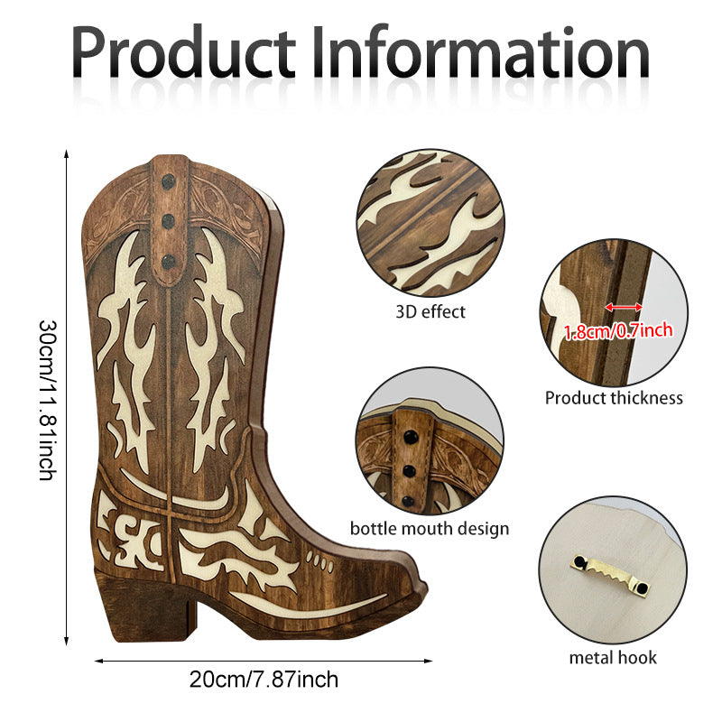 Brown wooden boot wall decor with a cream flame inlay, thickness and hook detailed