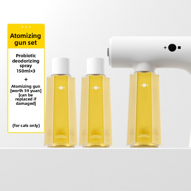 Cat formula set of three 150 ml probiotic deodorizing bottles beside the white atomizer gun