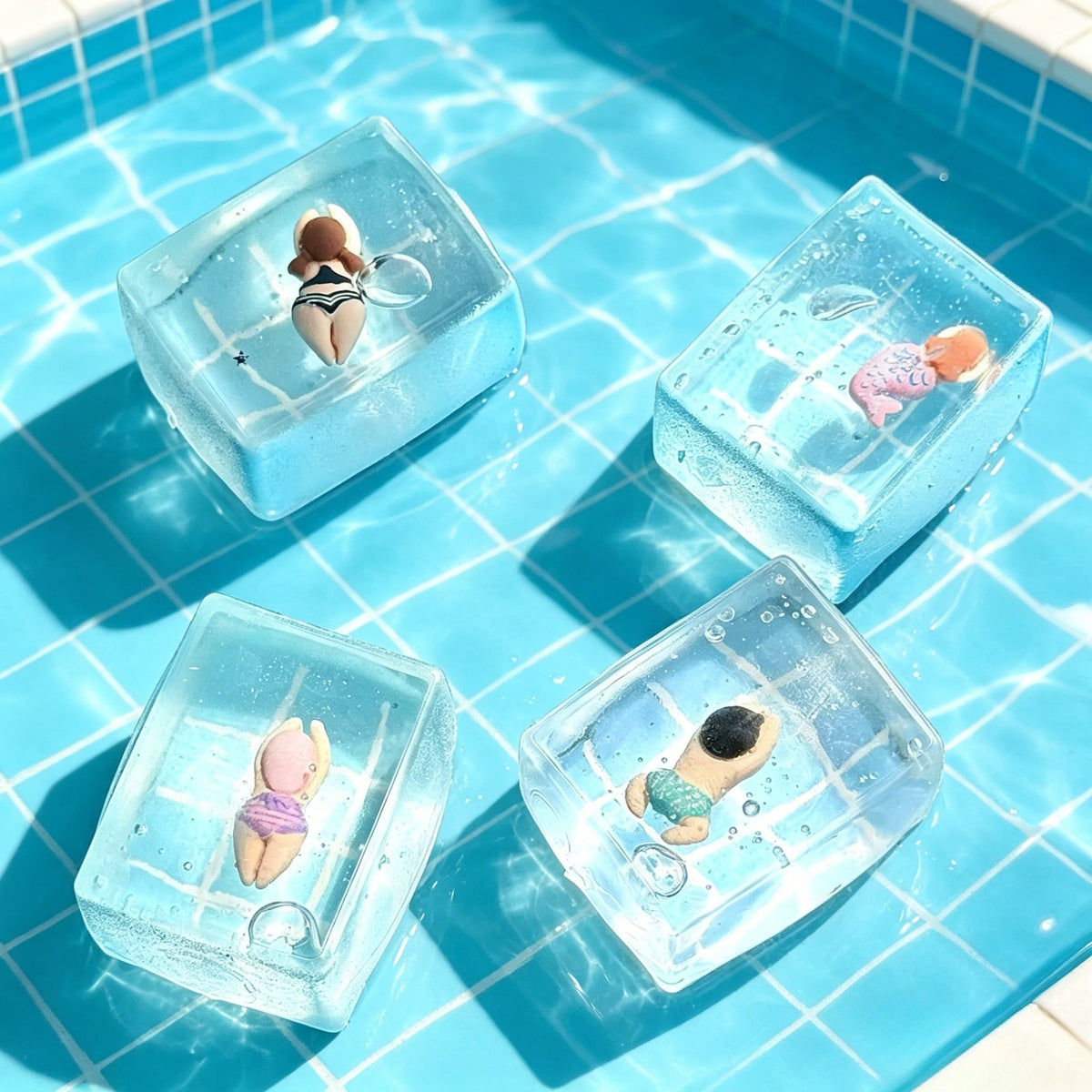 Four ocean theme squishy blocks with swimmer and mermaid figures sealed inside