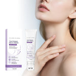 White neck cream tube and purple print carton beside a model touching her neck and collarbone