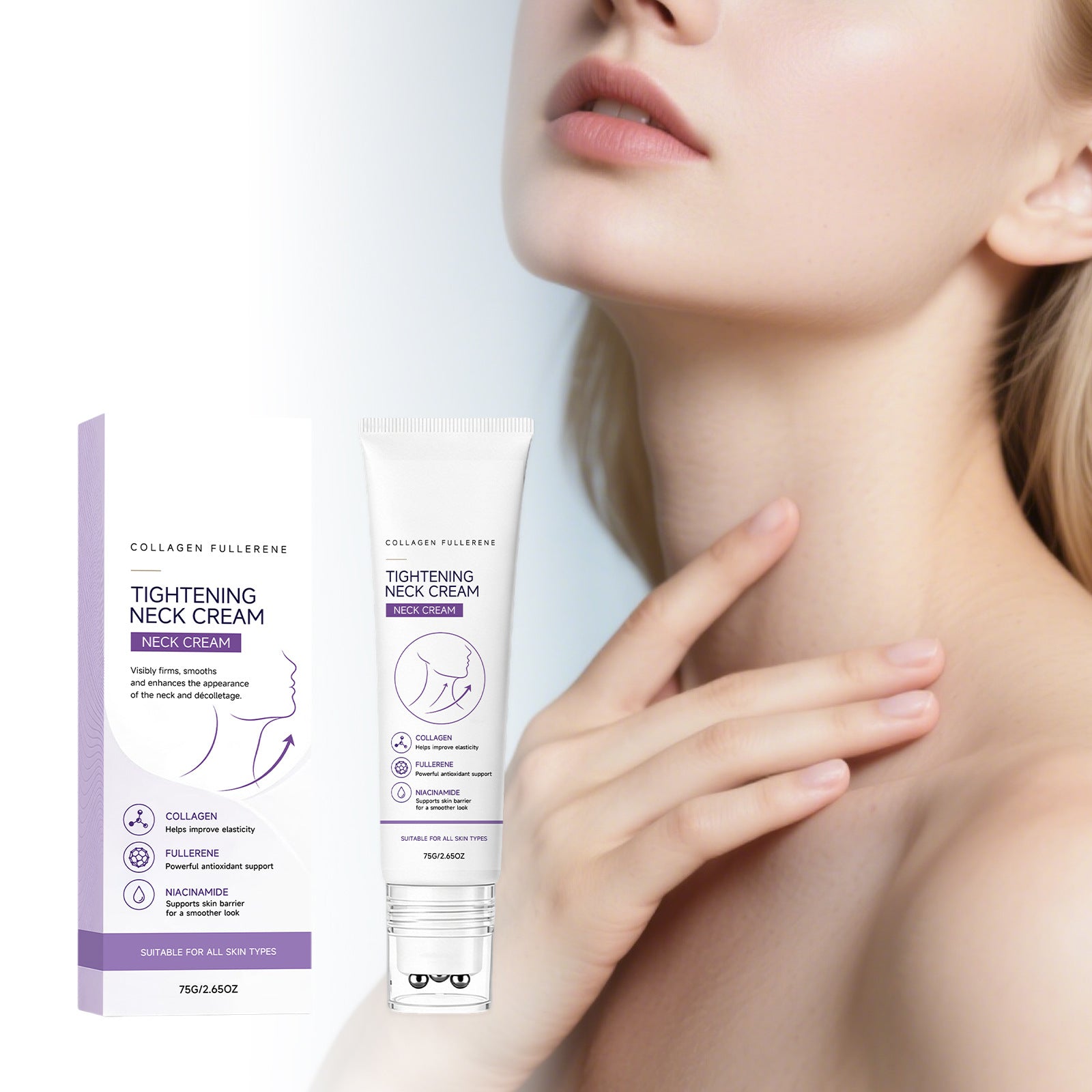 White neck cream tube and purple print carton beside a model touching her neck and collarbone