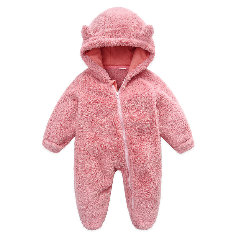 Pink plush fleece infant romper with bear ear hood and front zip, option image for size 3