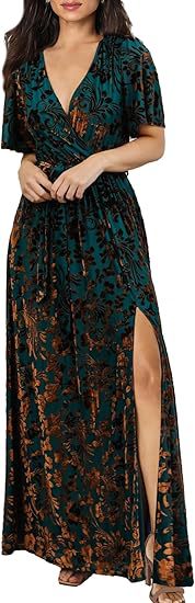 The floral velvet wrap dress worn with the waist tied and the skirt falling to the floor