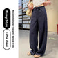 Womens high waist wide leg linen blend drawstring trousers, laid flat to show the long straight wide leg cut