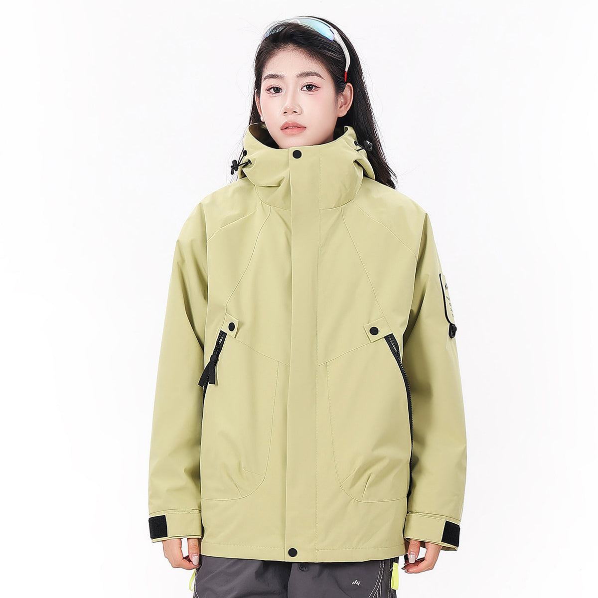 Three in one water resistant outdoor jacket with attached hood and zip in fleece liner, polyester shell