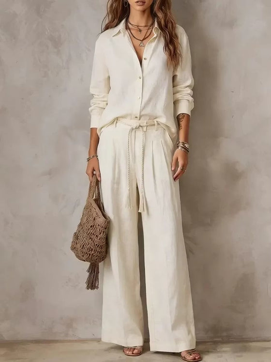 Womens Long Sleeve Shirt and Wide-Leg Pants Set