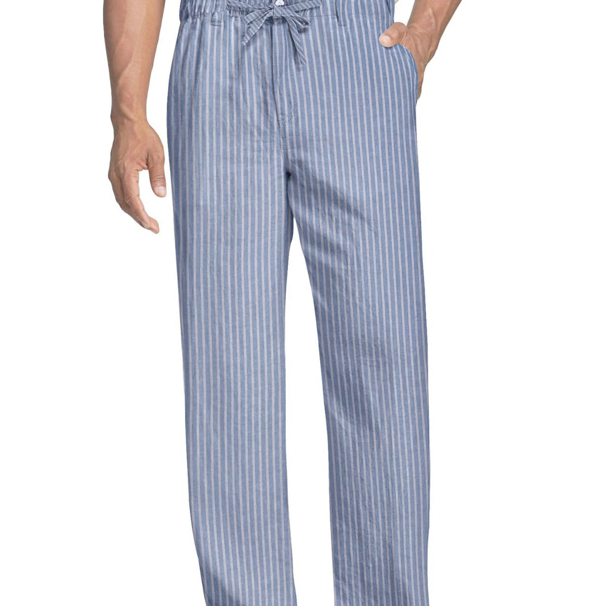 Man relaxing at home in lightweight cotton gauze striped pajama